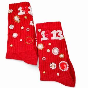Heirloom Glam Crystal & Pearl Embellished Red Junk Charm Slouch Socks TT1515